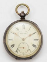 H.E. Peck, London, a 935 silver cased open faced key wind pocket watch, the enameled dial set with