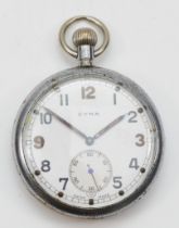 A CYMA WW2 British army issued chrome plated key less wind pocket watch, the enameled dial set