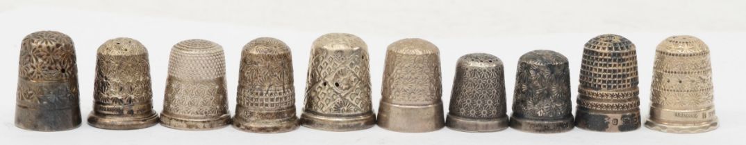 Ten various silver thimbles to include two Charles Horner examples, Chester 1902 and 1905, 46gm.