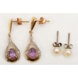 A pair of 9ct gold amethyst and diamond drop earrings, 26mm, together with a cultured pearl stud