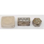 A mid 20th century Dutch .835 silver rectangular pill box, 4.5cm, together with two Lebanese