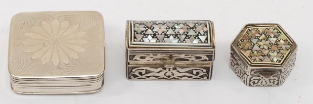 A mid 20th century Dutch .835 silver rectangular pill box, 4.5cm, together with two Lebanese