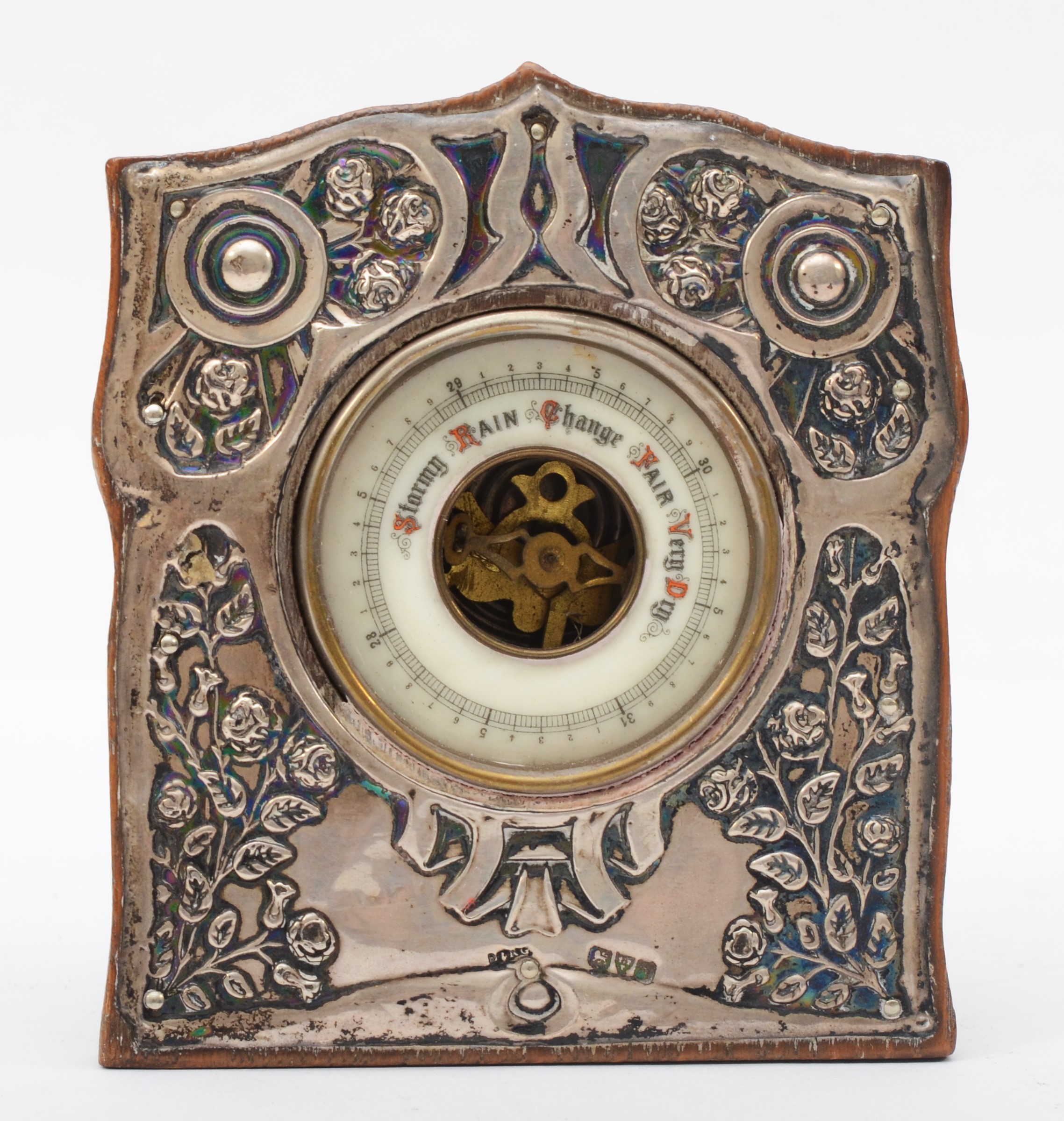 An Edward VII enamel and silver fronted desk barometer, by J & R Griffin, Chester 1909, with