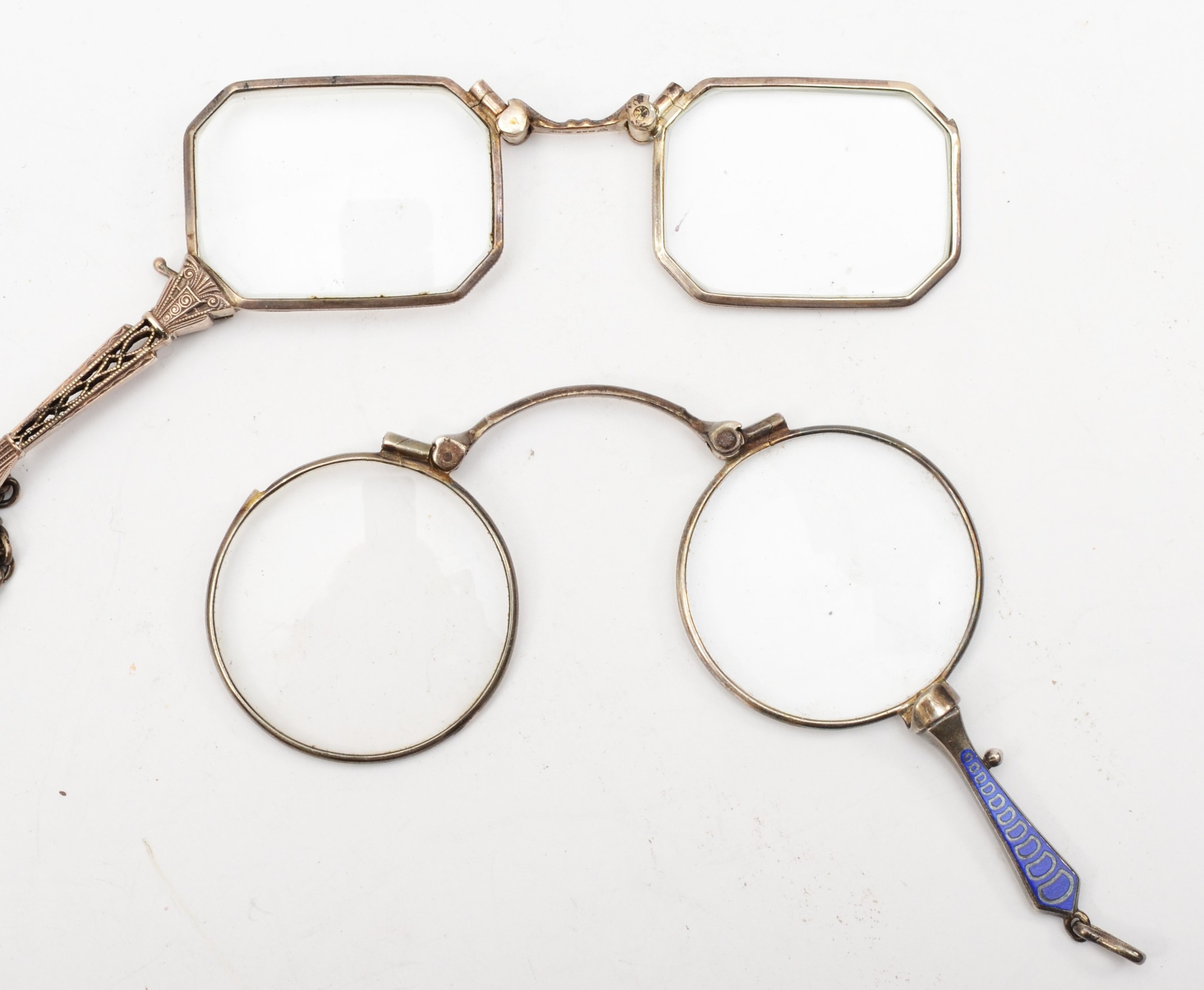 A pair of 900 silver and enamel lorgnette, 8cm, together with another pair of silver lorgnette on - Image 2 of 2