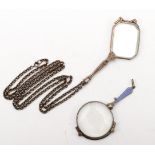 A pair of 900 silver and enamel lorgnette, 8cm, together with another pair of silver lorgnette on