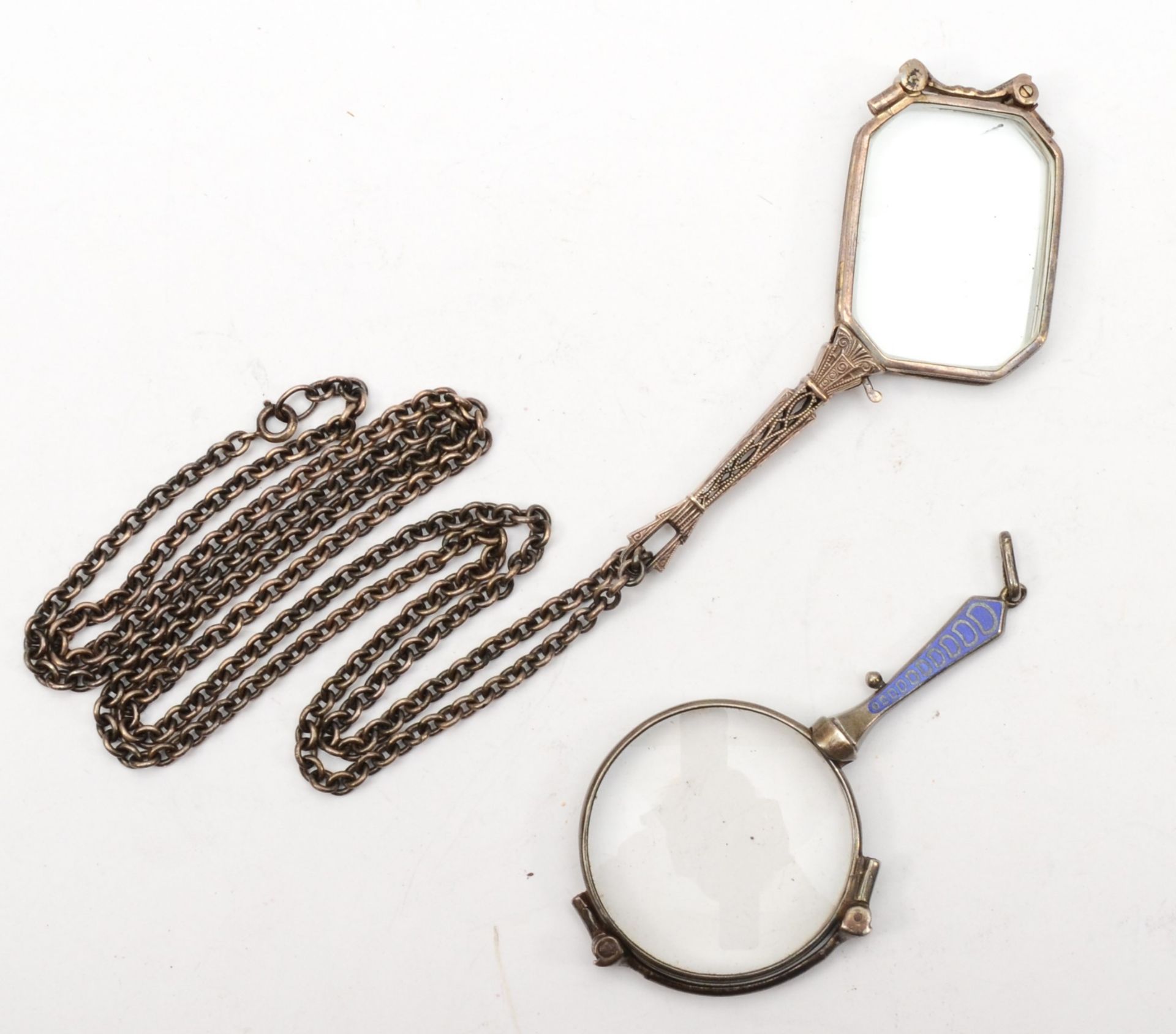 A pair of 900 silver and enamel lorgnette, 8cm, together with another pair of silver lorgnette on