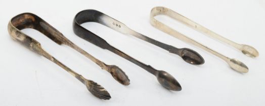 Three Georgian silver sugar tongs to include a Scottish shell pattern example, by Patrick