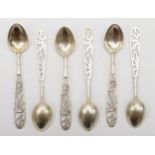 A set of six early 20th century Chinese silver tea spoons, with pierced bamboo decoration, stamped