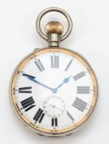 A vintage Goliath nickle cased key less wind pocket watch, enameled dial with Roman and Arabic