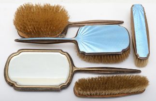 A George VI silver and guilloche enameled dressing table set, by Albert Carter, Birmingham 1948.