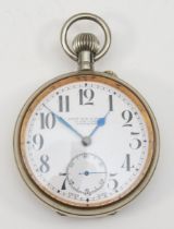 A vintage silver plated cased key less wind open faced pocket watch, Wray Son & Perry, 38 New Street