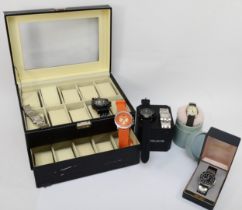 A simulated leather watch box with 20 spaces, 16.5 x 18.5 x 20.5cm, together with various fashion