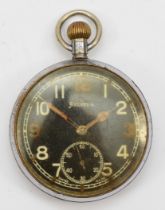 A Halvetia WW2 silver plated British army issued key less wind pocket watch, the black dial set with