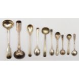 Ten various silver Georgian and later condiment spoons to include a Joseph Fulton spoon, Exeter