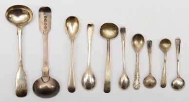 Ten various silver Georgian and later condiment spoons to include a Joseph Fulton spoon, Exeter