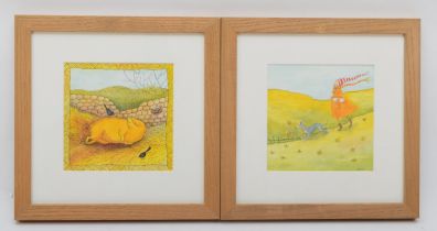 Tamsin Cook; a pair of framed humorous watercolours, titled 'Tamworth' and 'Best Friends Out