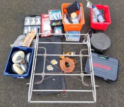 A selection of car related items, to include a Sealey plug tester, brake bleeders, a trolley jack, a