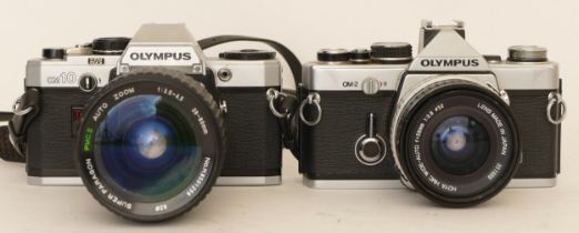 An Olympus OM10 camera with a Super Paragon PMCII 1:3.5-4.5 28-80mm lens and an Olympus OM-2 with