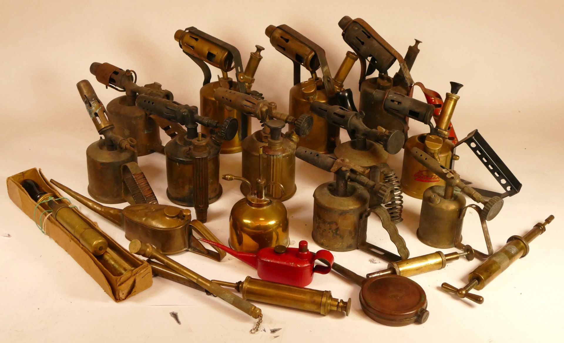 A collection of early 20th century and later carpenters tools, to include brass blow torches, oil - Image 2 of 2