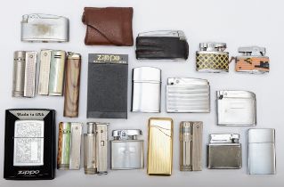 A collection of pocket cigarette lighters, petrol and gas operated, makers Ronson, Zippo and others.