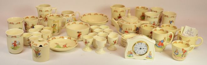 Royal Doulton Bunnykins; bowls, jugs, egg cups, clock and a trinket/pin dish