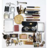 A quantity of collectables to include, fountain pens, cigarette lighters/cases, lapel badges, a LNER