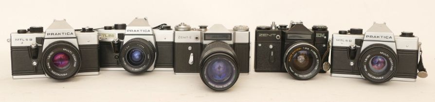 Five assorted cameras comprising of two Praktica MTL5B cameras with Pentacon 1.8/50 lenses, Zenit-