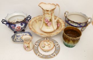 An Edwardian Milford Ware four piece washing set including water jug, bowl, soap dish and vase,