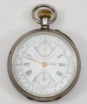 A Swiss 935 silver open key wind chronograph pocket watch, retailed by S. Smith & Sons, 9 Strand,