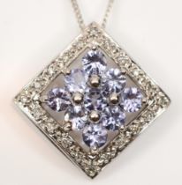 A 9ct white gold diamond and zircon cluster box pendant, on 375 gold chain, 14mm, 2.7gm.