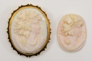 A Victorian 9ct gold carved conch shell bacchante cameo, 37 x 30mm, 10gm, together with a loose