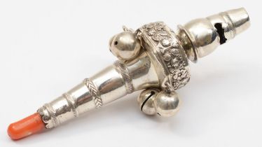 A George III silver and coral rattle, no maker, Birmingham 1795, with floral embossed decoration and