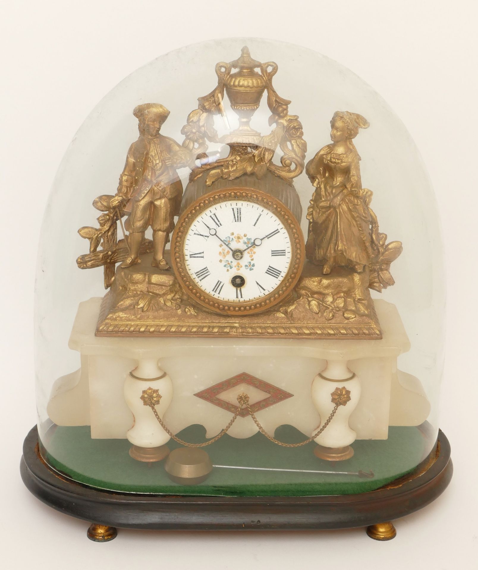 A late 19th century French gilt metal and marble drumhead mantle clock, surmounted with a man and - Image 6 of 6