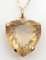 A Scottish 9ct gold and citrine heart shape pendant, Edinburgh 1965, 15 x 14mm, later 9ct chain