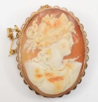 A Victorian 9ct gold carved shell cameo, depicting a classical Greek Goddess, the cameo indistinctly