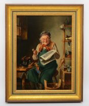 20th century, indistinctly signed, seated cobbler making a pair of boots, oil on canvas and gilt