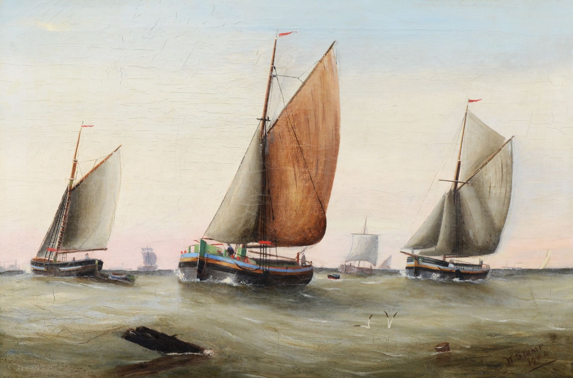 W. Stamp, 19th century, sailing barges, oil on canvas, signed and dated 1904, 50 x 75cm - Image 2 of 5