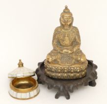 A Chinese cast brass seated Dhyana Buddha cross legged seated on a lotus plant, 14cm high together