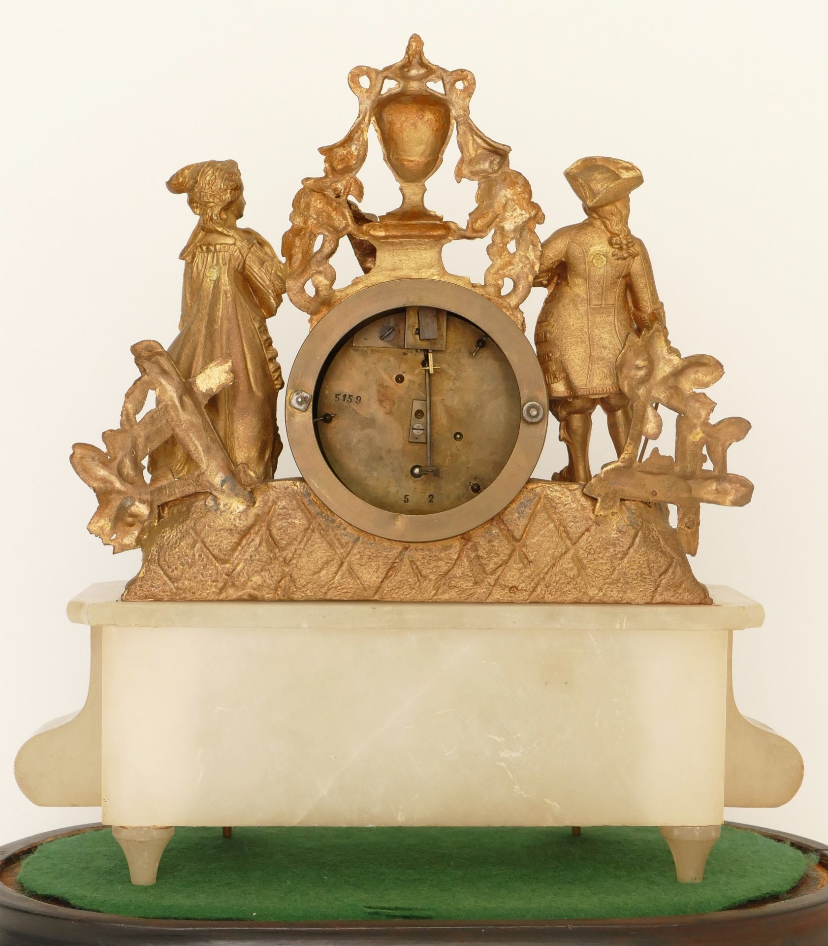 A late 19th century French gilt metal and marble drumhead mantle clock, surmounted with a man and - Image 4 of 6