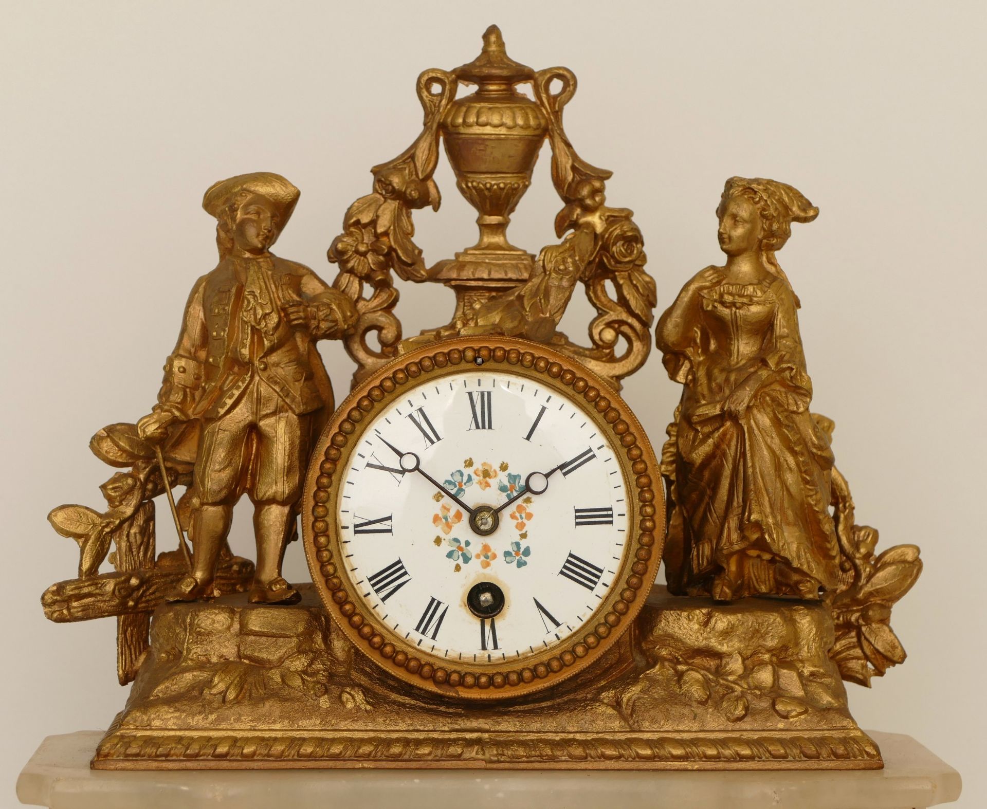 A late 19th century French gilt metal and marble drumhead mantle clock, surmounted with a man and - Image 2 of 6