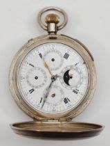 A silver keyless wind full hunter multi dial repeating pocket watch, Chester 1935, the dial with