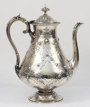 A Victorian silver coffee pot, by John, Edward, Walter & John Barnard, London 1874, with chased