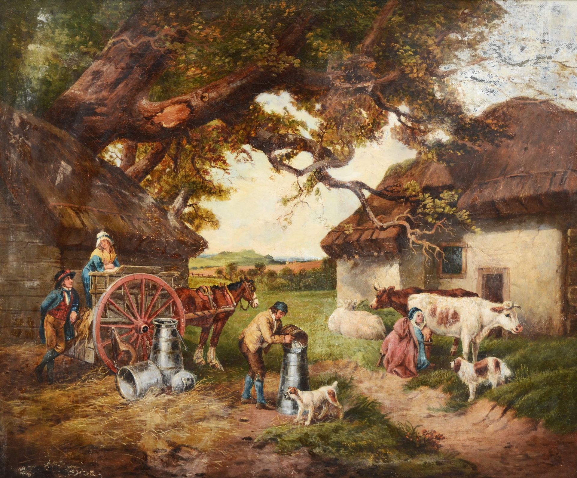 19th century, milking by cottages and trees, oil on canvas, unsigned, 51 x 62cm - Image 2 of 4