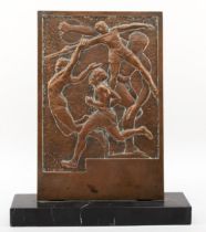 A bronze sporting relief plague, indistinctly signed, c.1930/40, with Discobolus in the