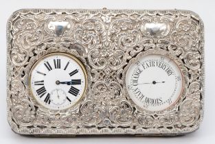 An Edwardian silver fronted Goliath pocket watch and barometer night stand, Birmingham 1902, the
