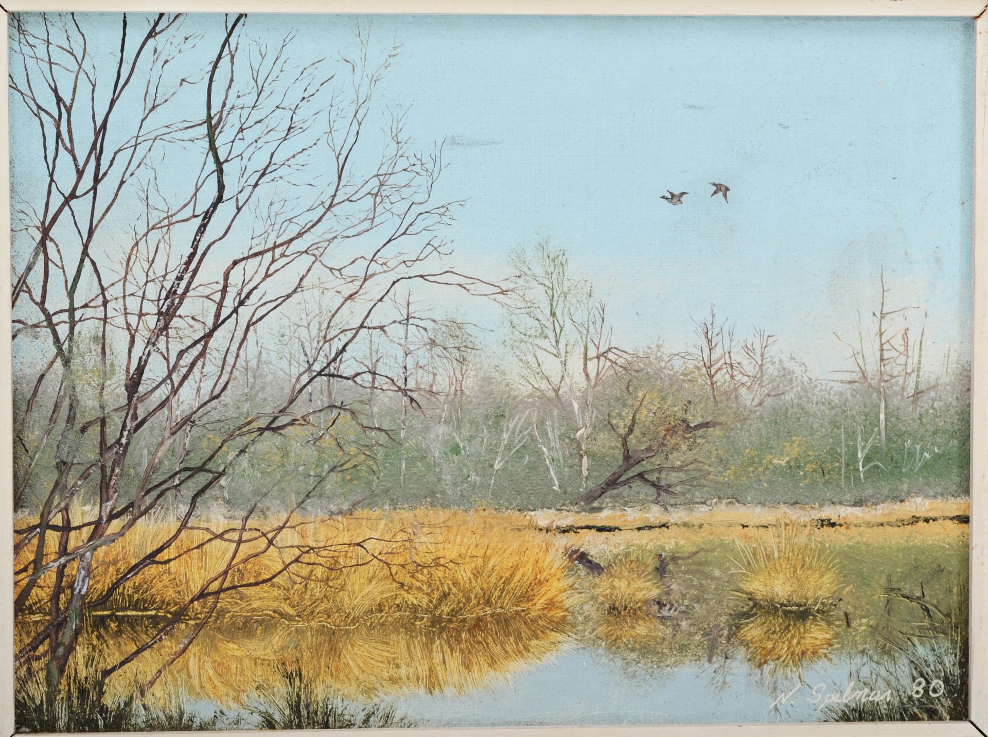 Neil Spilman (b.1951), a pair, lake in the spring and sunset track, oil on board, each signed and - Image 3 of 6