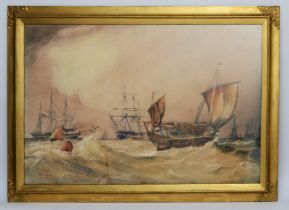 William John Leathem (1815-1857, British) French sailing battleships on a rough sea,
