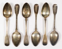 A Victorian silver set of six fiddle pattern teaspoons, by Thomas Watson, Newcastle 1866,