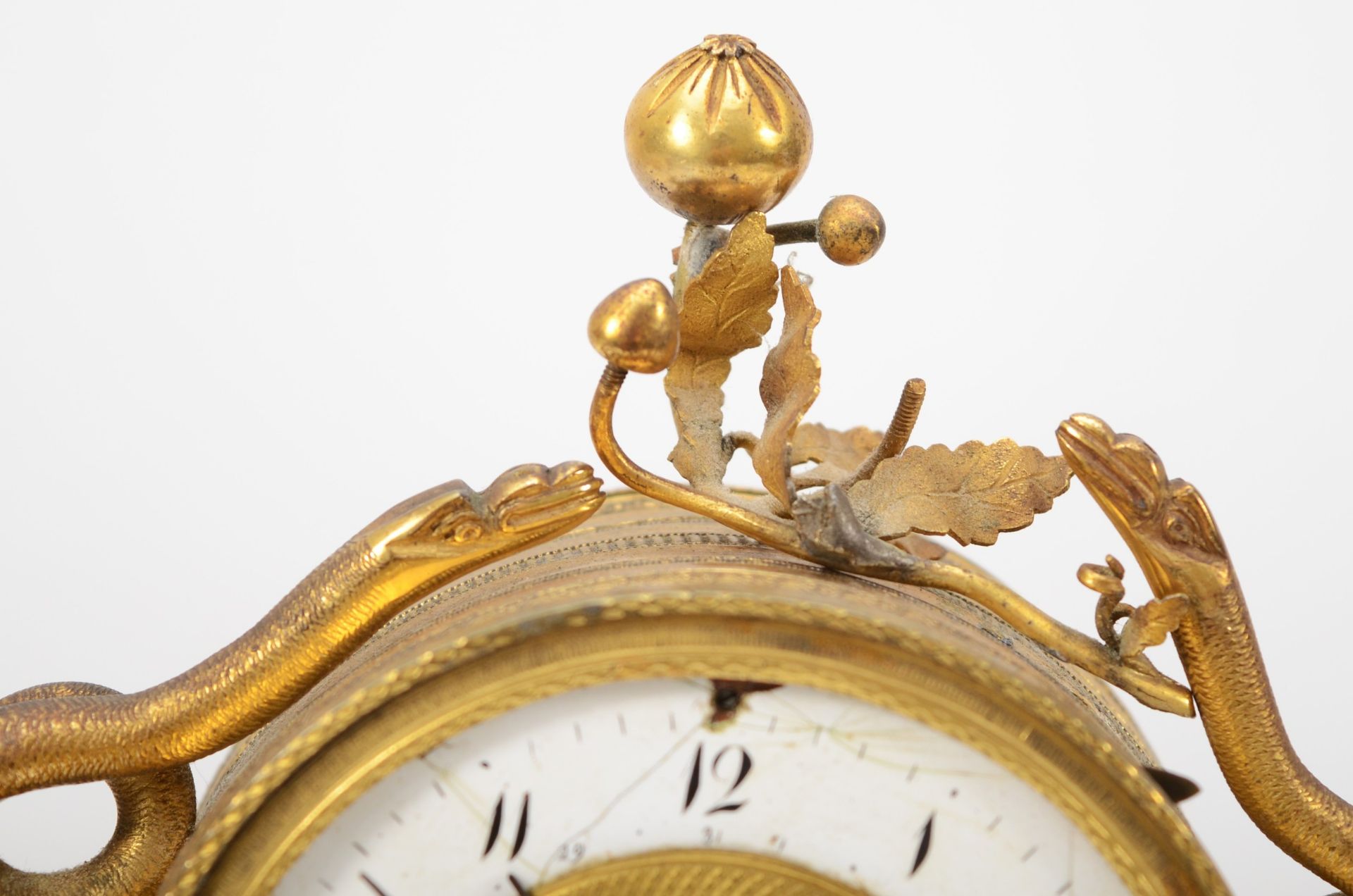 A 19th century gilt brass striking and calendar mantle clock, the white enamel chapter ring with - Image 3 of 8
