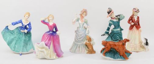 Royal Doulton; five porcelain figures comprising of Autumn Time HN3621, Sarah HN3384, Loyal Friend